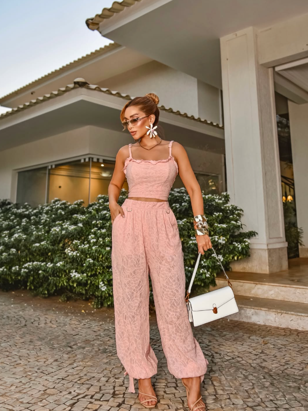 Conjunto Renda Rosé Pantalona